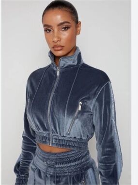 Maniere De Voir Women's Y2K Blue Velvet Cropped Tracksuit Jacket Size 12